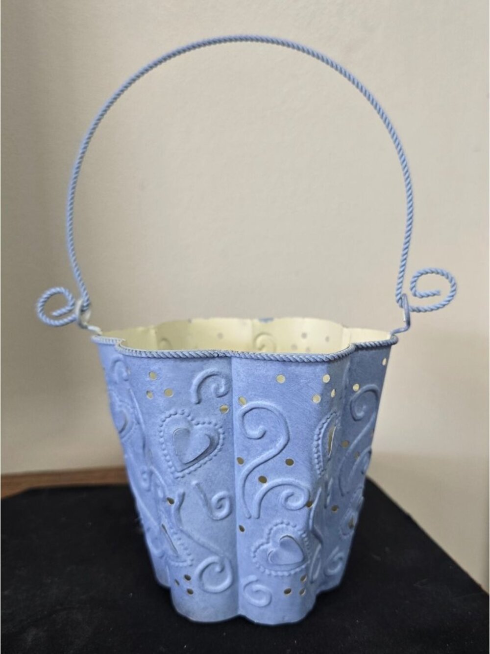 Decorative Blue Metal Heart Pattern Candle Holder With Handle - Shabby Chic Styl